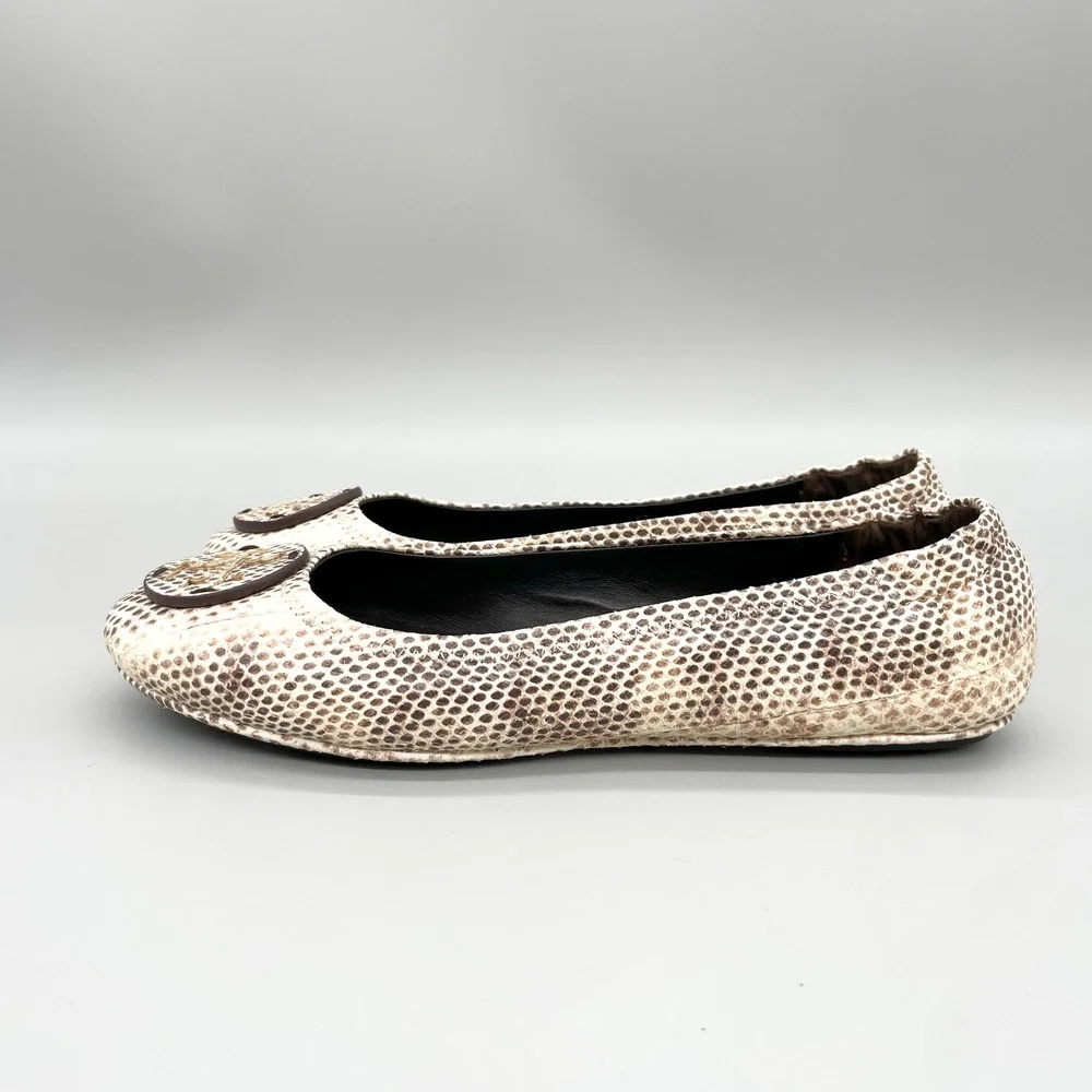Tory Burch Minnie Travel Ballet Flats Womens 9M Snake Print Leather Brown Cream